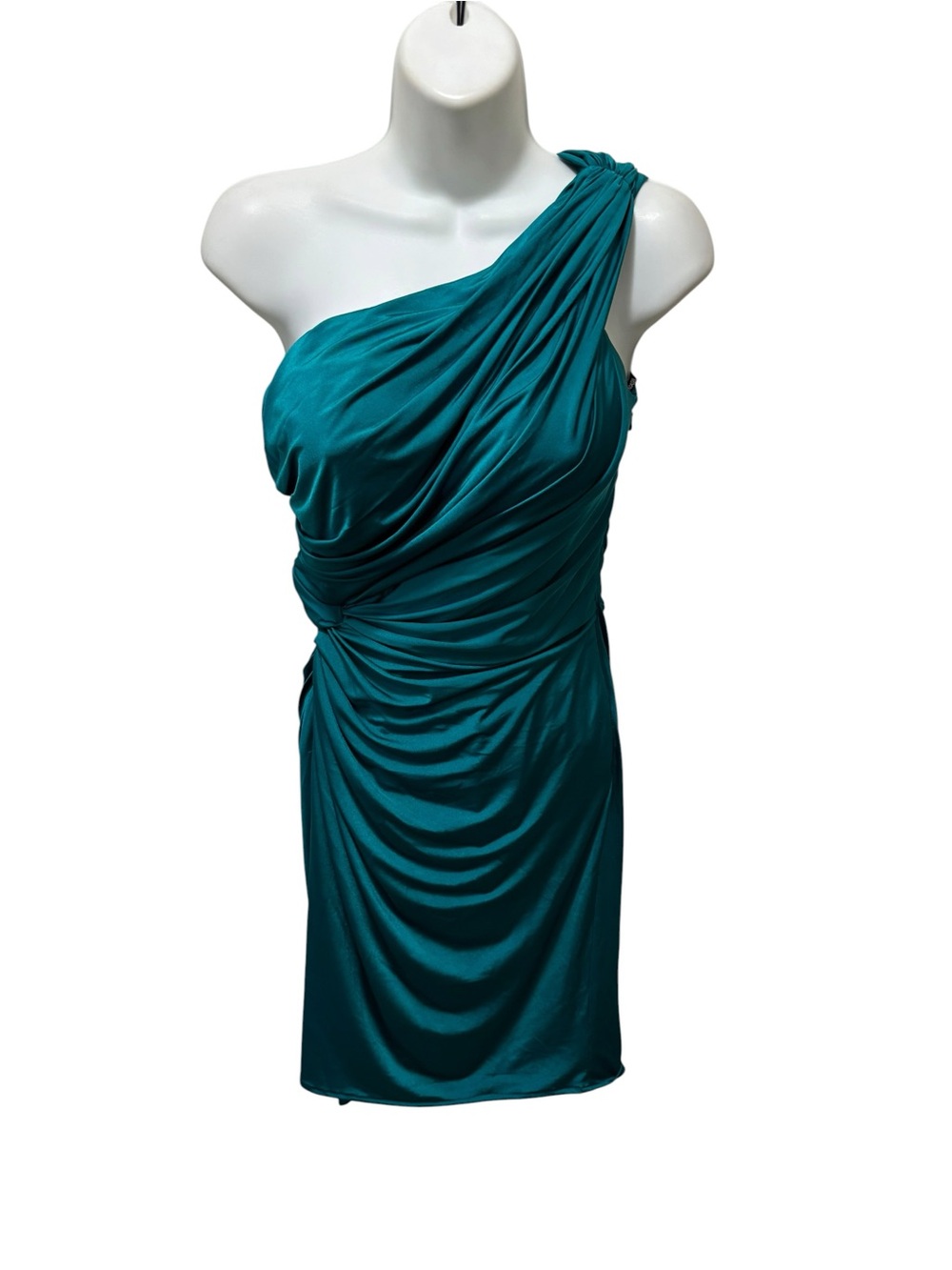 Tadashi One Shoulder Mini Cocktail Dress PS Teal Ruched Waist Romantic Date Nite
